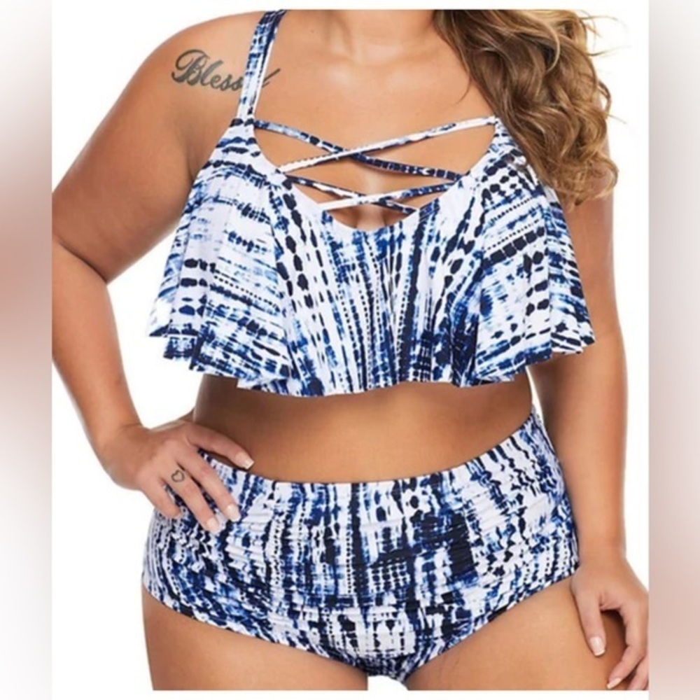 Women's Blue White Print Strappy Two Piece Swim Suit NWOT 3XL #1834